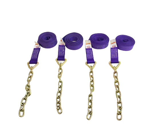 TOW-8PTCHAIN18 - 8 Point Heavy Duty Diamond Weave 18' Strap Kit for Rollback/Flatbed Tie Downs with 12" Chain Tail-BEST