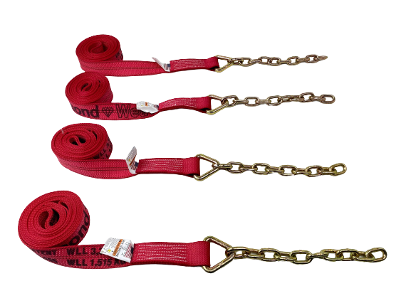 TOW-8PTCHAIN18 - 8 Point Heavy Duty Diamond Weave 18' Strap Kit for Rollback/Flatbed Tie Downs with 12" Chain Tail-BEST