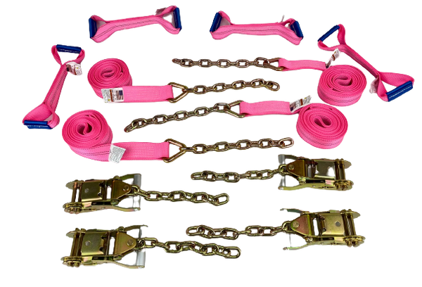 TOW-8PTCHAIN18 - 8 Point Heavy Duty Diamond Weave 18' Strap Kit for Rollback/Flatbed Tie Downs with 12" Chain Tail-BEST