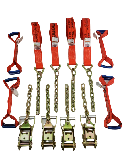 TOW-8PTCHAIN18 - 8 Point Heavy Duty Diamond Weave 18' Strap Kit for Rollback/Flatbed Tie Downs with 12" Chain Tail-BEST