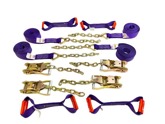 TOW-8PTCHAIN18 - 8 Point Heavy Duty Diamond Weave 18' Strap Kit for Rollback/Flatbed Tie Downs with 12" Chain Tail-BEST