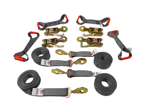 8-Point Tie Down Kit – 2 X 18’ Red Diamond Weave Straps – Rollback Tow Truck Straps
