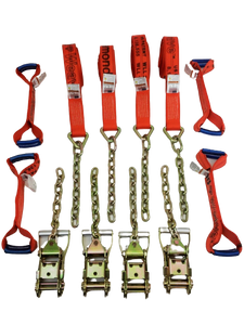 TOW-8PTCHAIN18 - 8 Point Heavy Duty Diamond Weave 18' Strap Kit for Rollback/Flatbed Tie Downs with 12" Chain Tail-BEST